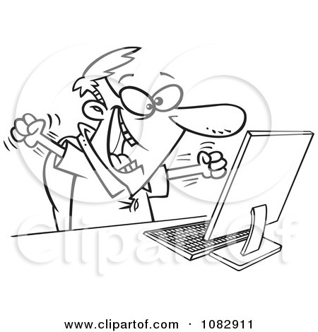 Clipart Outlined Excited Man Celebrating At His Computer Desk - Royalty Free Vector Illustration by toonaday