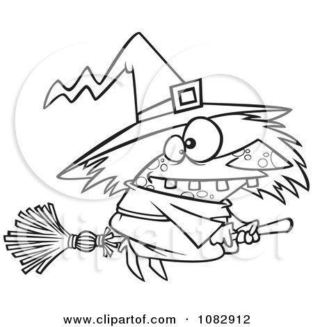 Clipart Outlined Warted Witch On Her Broomstick - Royalty Free Vector Illustration by toonaday