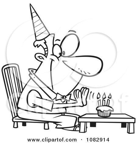 Clipart Outlined Birthday Man Seated Before His Cupcake - Royalty Free Vector Illustration by toonaday