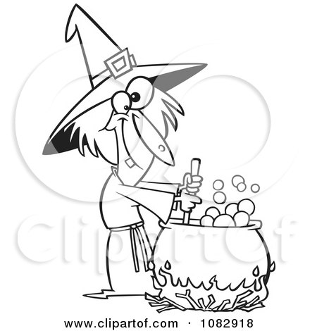 Clipart Outlined Warted Witch Stirring Her Potion - Royalty Free Vector Illustration by toonaday