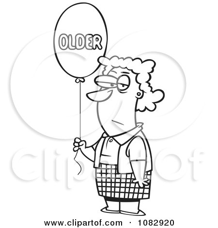 Clipart Outlined Birthday Woman With An Older Balloon - Royalty Free Vector Illustration by toonaday