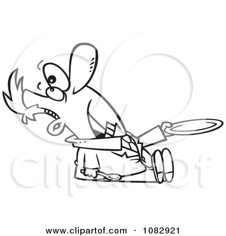Clipart Outlined Bottom Feeder Businessman Holding A Plate - Royalty Free Vector Illustration by toonaday