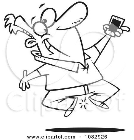 Clipart Outlined Excited Man Jumping With His New Cell Phone - Royalty Free Vector Illustration by toonaday
