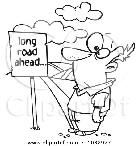 Clipart Outlined Man Facing A Long Road Ahead Sign And A Hilly Path - Royalty Free Vector Illustration by toonaday