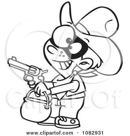 Clipart Outlined Cowboy Trick Or Treater Holding His Gun Out - Royalty Free Vector Illustration by toonaday