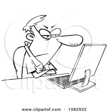 Clipart Outlined Grumpy Man Sitting At His Computer Desk - Royalty Free Vector Illustration by toonaday