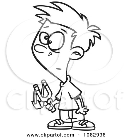 Clipart Outlined Boy Standing With A Slingshot - Royalty Free Vector Illustration by toonaday