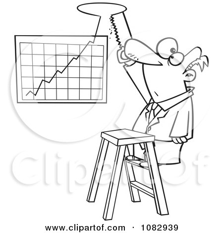 Clipart Outlined Businessman Cutting A Hole In The Ceiling For His Profit Chart - Royalty Free Vector Illustration by toonaday