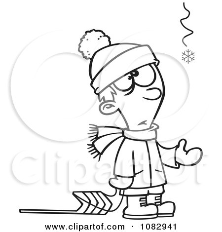 Clipart Outlined Hopeful Boy With A Sled And One Snowflake - Royalty Free Vector Illustration by toonaday