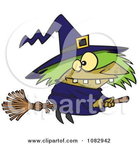 Clipart Warted Green Witch On Her Broomstick - Royalty Free Vector Illustration by toonaday