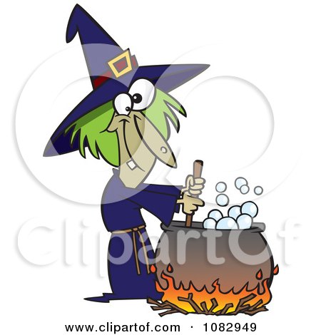 Clipart Warted Green Witch Stirring Her Potion - Royalty Free Vector Illustration by toonaday
