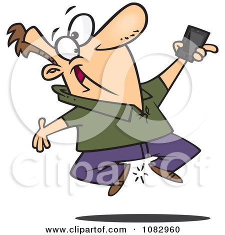 Clipart Excited Man Jumping With His New Cell Phone - Royalty Free Vector Illustration by toonaday