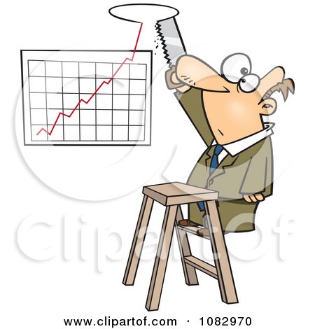 Clipart Businessman Sawing A Hole In The Ceiling For His Profit Chart - Royalty Free Vector Illustration by toonaday