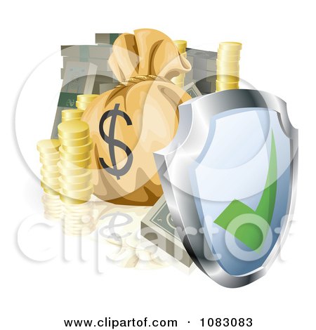 Clipart 3d Security Shield With Cash Coins And A Money Bag - Royalty Free Vector Illustration by AtStockIllustration