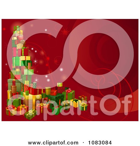 Clipart 3d Tower Of Christmas Gifts On A Red Background - Royalty Free Vector Illustration by AtStockIllustration
