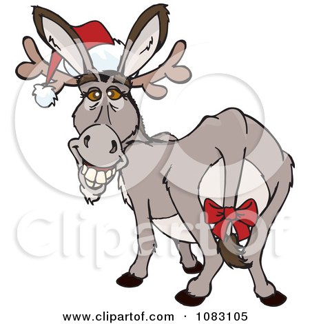 Clipart Donkey Wearing A Christmas Santa Hat And Bow - Royalty Free Vector Illustration by Dennis Holmes Designs