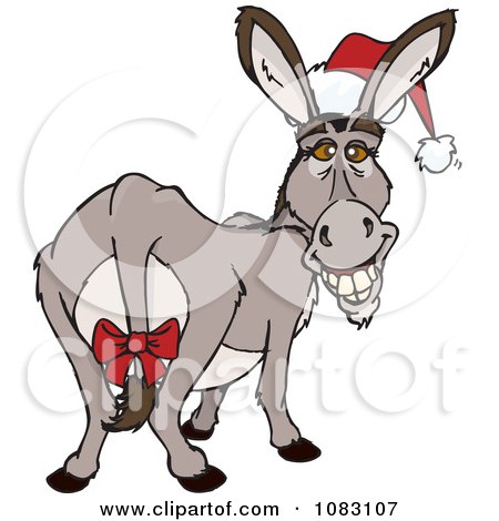 Clipart Christmas Donkey Wearing A Santa Hat And Bow - Royalty Free Vector Illustration by Dennis Holmes Designs