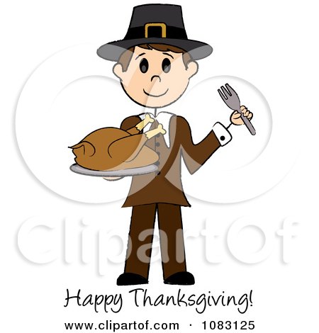 Clipart Happy Thanksgiving Stick Pilgrim Man Holding A Turkey - Royalty Free Vector Illustration by Pams Clipart