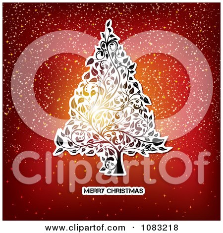 Clipart Merry Christmas Greeting Under A Floral Tree On Red With Snow - Royalty Free Vector Illustration by MilsiArt
