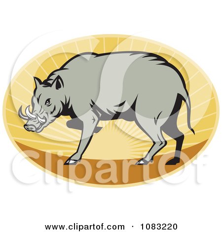 Clipart Retro Babirusa Pig Against A Sunset Oval - Royalty Free Vector Illustration by patrimonio