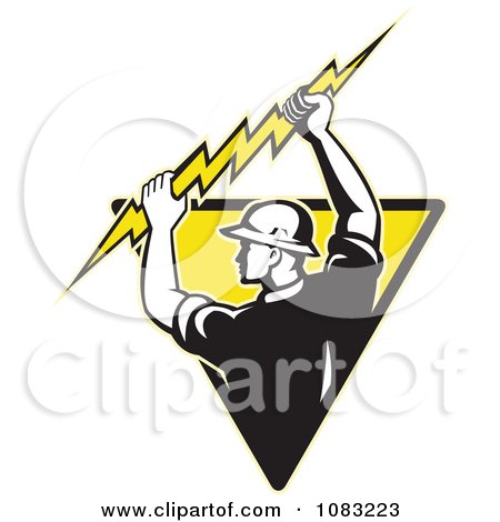 Clipart Retro Electrician Holding Up A Bolt On A Yellow Triangle - Royalty Free Vector Illustration by patrimonio