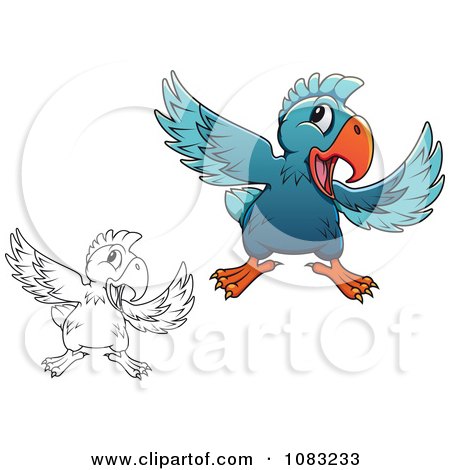 Clipart Outlined And Blue Parrots Gesturing To Check It Out - Royalty Free Vector Illustration by Vector Tradition SM