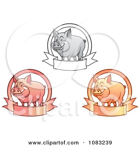 Clipart Grayscale Pink And Orange Pigs With Banners - Royalty Free Vector Illustration by Vector Tradition SM