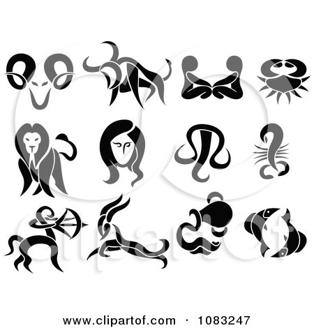 Clipart Black And White Tribal Astrology Zodiac Symbols - Royalty Free Vector Illustration by Frisko