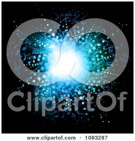 Clipart Bright Blue Music Notes And Stars Burst Background On Black - Royalty Free Vector Illustration by KJ Pargeter