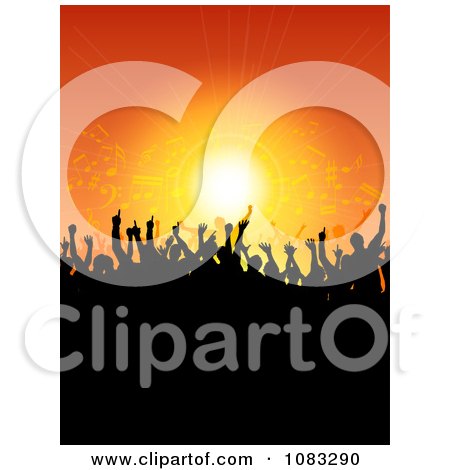 Clipart Silhouetted Crowd At A Music Concert Over Orange - Royalty Free Vector Illustration by KJ Pargeter
