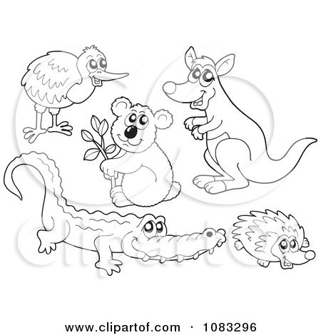 Clipart Outlined Kiwi Bird Koala Kangaroo Crocodile And Hedgehog - Royalty Free Vector Illustration by visekart
