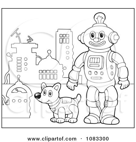Clipart Outlined Robot And Dog By A Hydrant - Royalty Free Vector Illustration by visekart