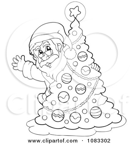 Clipart Outlined Santa Waving Behind A Christmas Tree - Royalty Free Vector Illustration by visekart