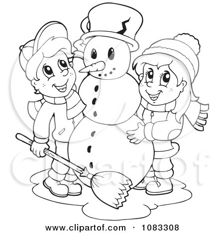 Clipart Outlined Winter Kids Making A Snowman - Royalty Free Vector Illustration by visekart