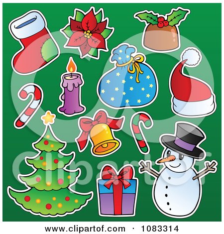 Clipart Christmas Items On Green - Royalty Free Vector Illustration by visekart