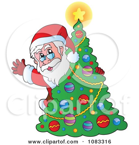 Clipart Santa Waving Behind A Christmas Tree - Royalty Free Vector Illustration by visekart