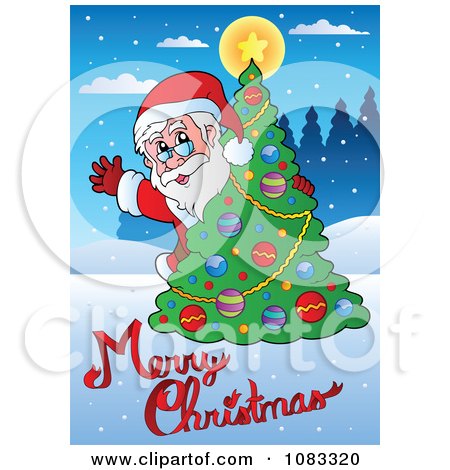 Clipart Santa Waving From Behind A Tree With Merry Christmas Text - Royalty Free Vector Illustration by visekart