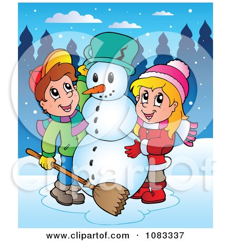 Clipart Outlined Winter Kids Making A Snowman - Royalty Free Vector Illustration by visekart