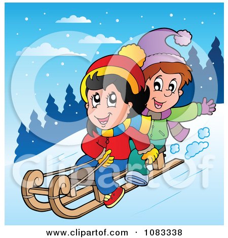 Clipart Winter Kids Sledding In The Snow - Royalty Free Vector Illustration by visekart