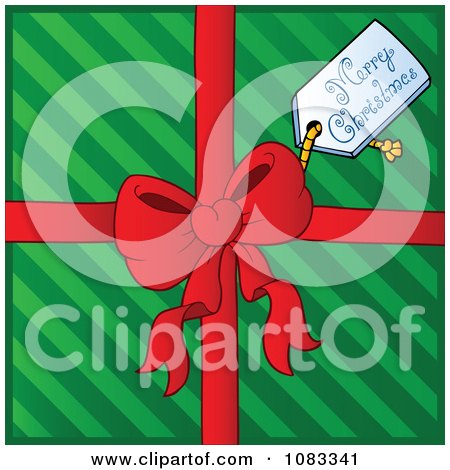 Clipart Merry Christmas Tag Over Green Stripes With A Red Bow - Royalty Free Vector Illustration by visekart
