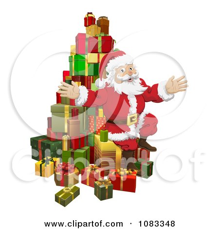 Clipart Santa Sitting With A Pile Of 3d Gifts - Royalty Free Vector Illustration by AtStockIllustration