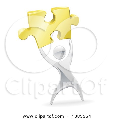 Clipart  3d Silver Person Holding Up A Gold Puzzle Piece - Royalty Free Vector Illustration by AtStockIllustration