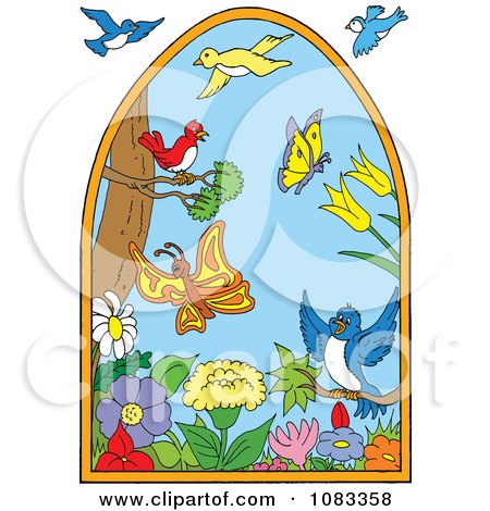 Clipart Scene Of Birds Flowers And Butterflies - Royalty Free Vector Illustration by LaffToon