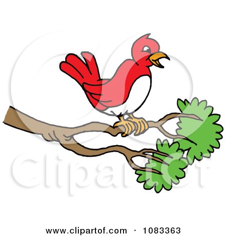 Clipart Red Bird Perched On A Branch - Royalty Free Vector Illustration by LaffToon