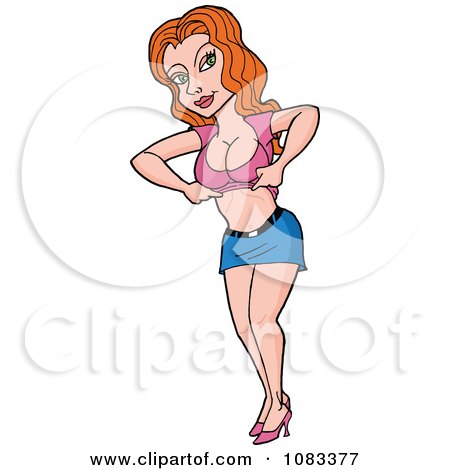 Clipart Redhead Pinup Lifting Her Shirt - Royalty Free Vector Illustration by LaffToon