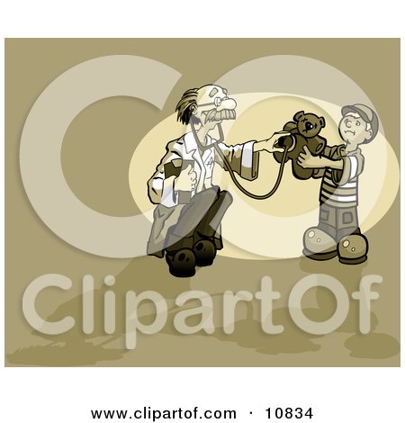 Old Male Doctor Humoring a Cute Little Boy While Holding a Stethoscope up to a Teddy Bear Clipart Illustration by Leo Blanchette