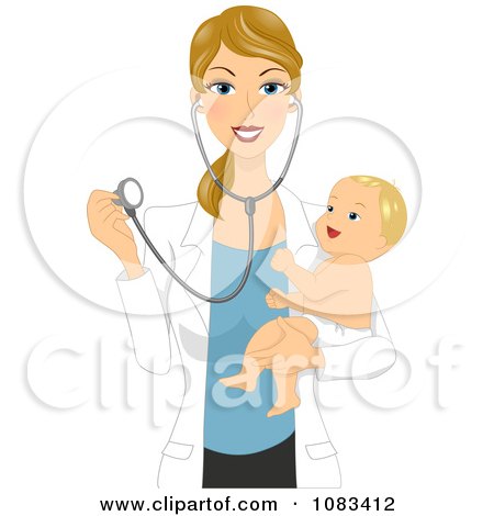 Clipart Pediatric Doctor Holding A Happy Baby And Stethoscope - Royalty Free Vector Illustration by BNP Design Studio