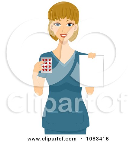 Clipart Female Pharmacist Holding A Prescription And Pills - Royalty Free Vector Illustration by BNP Design Studio