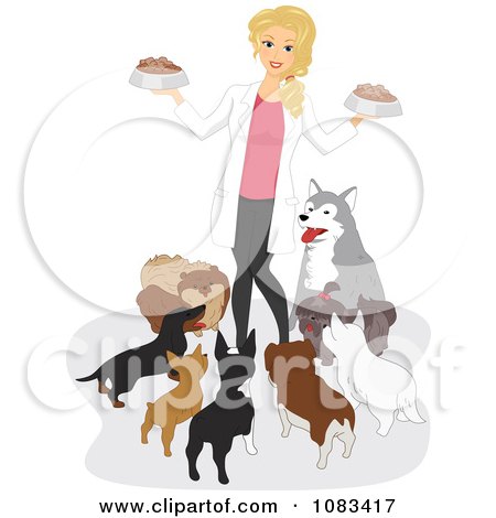 Clipart Female Vet Feeding Dogs - Royalty Free Vector Illustration by BNP Design Studio