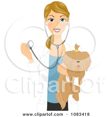 Clipart Female Vet Holding A Stethoscope And Dog - Royalty Free Vector Illustration by BNP Design Studio